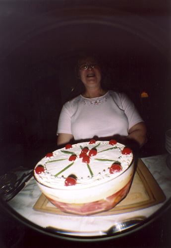 Jo with Pudding, a huge bowl of trifle